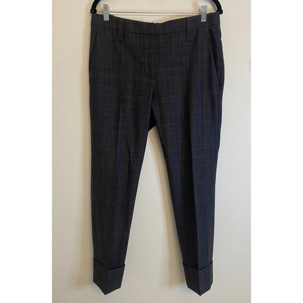 Brunello Cucinelli Check Plaid Wool Pants Women’s 10 Pleated Cuffed Gray Blue